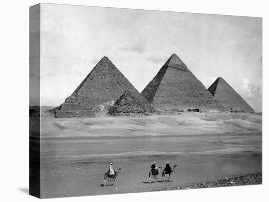 Pyramids and Three Riders on Camels Photograph - Egypt-Lantern Press-Stretched Canvas