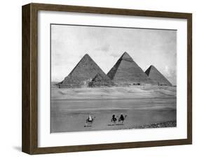 Pyramids and Three Riders on Camels Photograph - Egypt-Lantern Press-Framed Art Print