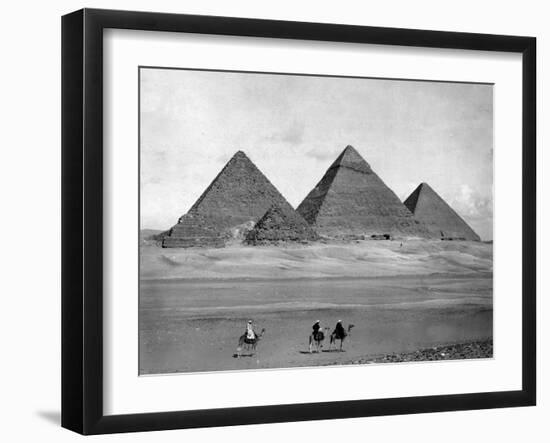 Pyramids and Three Riders on Camels Photograph - Egypt-Lantern Press-Framed Art Print