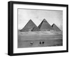 Pyramids and Three Riders on Camels Photograph - Egypt-Lantern Press-Framed Art Print