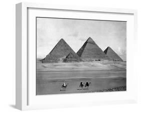 Pyramids and Three Riders on Camels Photograph - Egypt-Lantern Press-Framed Art Print