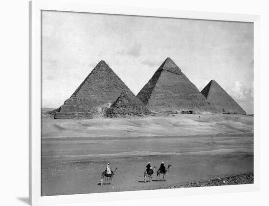 Pyramids and Three Riders on Camels Photograph - Egypt-Lantern Press-Framed Art Print