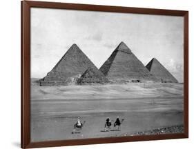 Pyramids and Three Riders on Camels Photograph - Egypt-Lantern Press-Framed Art Print