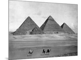 Pyramids and Three Riders on Camels Photograph - Egypt-Lantern Press-Mounted Art Print