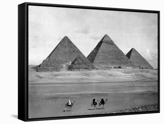 Pyramids and Three Riders on Camels Photograph - Egypt-Lantern Press-Framed Stretched Canvas