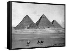 Pyramids and Three Riders on Camels Photograph - Egypt-Lantern Press-Framed Stretched Canvas