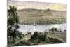 Pyramids at Gizeh, with Dhows on the Nile River in Egypt-null-Mounted Giclee Print