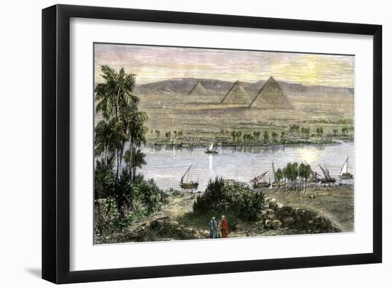 Pyramids at Gizeh, with Dhows on the Nile River in Egypt-null-Framed Premium Giclee Print