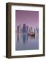 Qatar, Doha, Dhows on Doha Bay with West Bay Skyscrapers, Dawn-Walter Bibikow-Framed Photographic Print