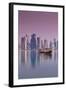 Qatar, Doha, Dhows on Doha Bay with West Bay Skyscrapers, Dawn-Walter Bibikow-Framed Photographic Print