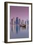 Qatar, Doha, Dhows on Doha Bay with West Bay Skyscrapers, Dawn-Walter Bibikow-Framed Photographic Print