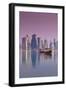 Qatar, Doha, Dhows on Doha Bay with West Bay Skyscrapers, Dawn-Walter Bibikow-Framed Photographic Print