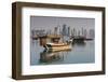 Qatar, Doha, Dhows on Doha Bay with West Bay Skyscrapers, Dawn-Walter Bibikow-Framed Photographic Print