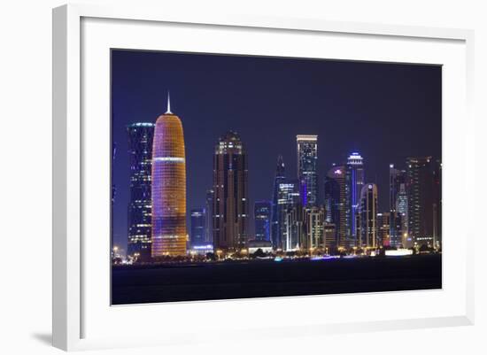 Qatar, Doha, Doha Bay, West Bay Skyscrapers, Dusk, with Burj Qatar Tower-Walter Bibikow-Framed Photographic Print