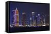 Qatar, Doha, Doha Bay, West Bay Skyscrapers, Dusk, with Burj Qatar Tower-Walter Bibikow-Framed Stretched Canvas