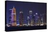 Qatar, Doha, Doha Bay, West Bay Skyscrapers, Dusk, with Burj Qatar Tower-Walter Bibikow-Stretched Canvas