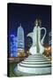 Qatar, Doha, Doha Bay, West Bay Skyscrapers, Dusk, with Large Coffeepot Sculpture-Walter Bibikow-Stretched Canvas