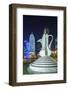 Qatar, Doha, Doha Bay, West Bay Skyscrapers, Dusk, with Large Coffeepot Sculpture-Walter Bibikow-Framed Photographic Print