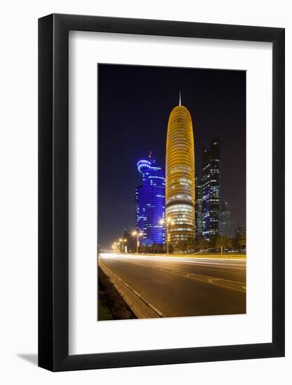 Qatar, Doha, Doha Bay, West Bay Skyscrapers Dusk, with World Trade Center , Gold-Walter Bibikow-Framed Photographic Print