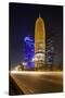 Qatar, Doha, Doha Bay, West Bay Skyscrapers Dusk, with World Trade Center , Gold-Walter Bibikow-Stretched Canvas