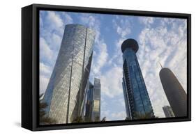 Qatar, Doha, Doha Bay, West Bay Skyscrapers, Dusk-Walter Bibikow-Framed Stretched Canvas