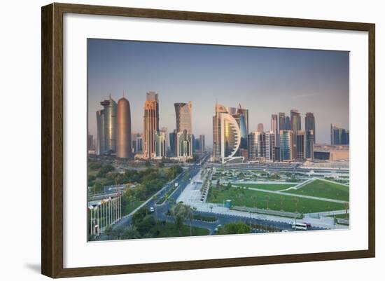 Qatar, Doha, Doha Bay, West Bay Skyscrapers, Elevated View, Dawn-Walter Bibikow-Framed Photographic Print
