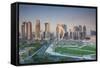 Qatar, Doha, Doha Bay, West Bay Skyscrapers, Elevated View, Dawn-Walter Bibikow-Framed Stretched Canvas