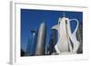 Qatar, Doha, Doha Bay, West Bay Skyscrapers, Morning, with Large Coffeepot Sculpture-Walter Bibikow-Framed Photographic Print