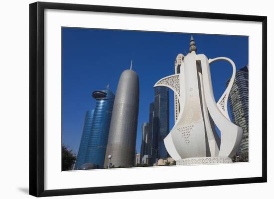 Qatar, Doha, Doha Bay, West Bay Skyscrapers, Morning, with Large Coffeepot Sculpture-Walter Bibikow-Framed Photographic Print