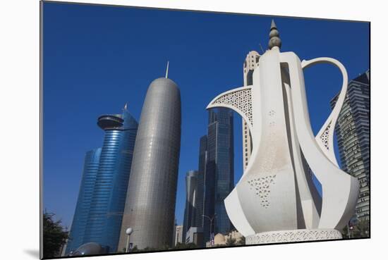 Qatar, Doha, Doha Bay, West Bay Skyscrapers, Morning, with Large Coffeepot Sculpture-Walter Bibikow-Mounted Photographic Print