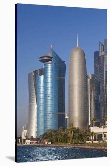 Qatar, Doha, Doha Bay, West Bay Skyscrapers with World Trade Center and Burj Qatar-Walter Bibikow-Stretched Canvas