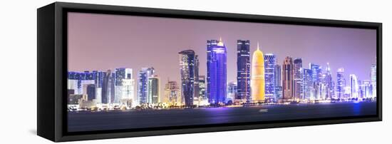 Qatar, Doha. Skyline with Skyscrapers, at Night from the Corniche-Matteo Colombo-Framed Stretched Canvas