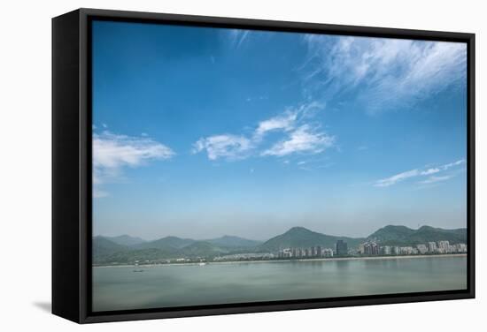 Qiantang River, Hills and High Rises of Hangzhou, Zhejiang, China-Andreas Brandl-Framed Stretched Canvas