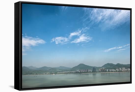 Qiantang River, Hills and High Rises of Hangzhou, Zhejiang, China-Andreas Brandl-Framed Stretched Canvas