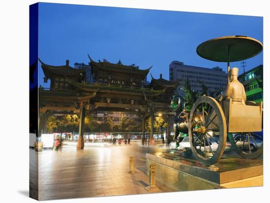 Qintai Street Statue and Chinese Gate, Chengdu, Sichuan Province, China, Asia-Christian Kober-Stretched Canvas