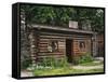 Quaint Log Cabin with Stone Chimney, Fort Boonesborough, Kentucky, USA-Dennis Flaherty-Framed Stretched Canvas