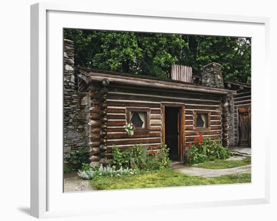 Quaint Log Cabin with Stone Chimney, Fort Boonesborough, Kentucky, USA-Dennis Flaherty-Framed Photographic Print