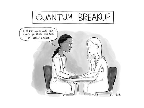 Quantum Breakup -- two female scientists hold hands over a table. - New Yorker Cartoon' Premium Giclee Print - Jason Adam Katzenstein | Quantum Breakup -- two female scientists hold hands over a table. - New Yorker Cartoon' Premium Giclee Print - Jason Adam Katzenstein |