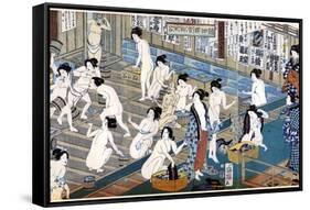 Quarreling and Scuffling in a Women's Bathhouse, Japan-Yoshiiku-Framed Stretched Canvas