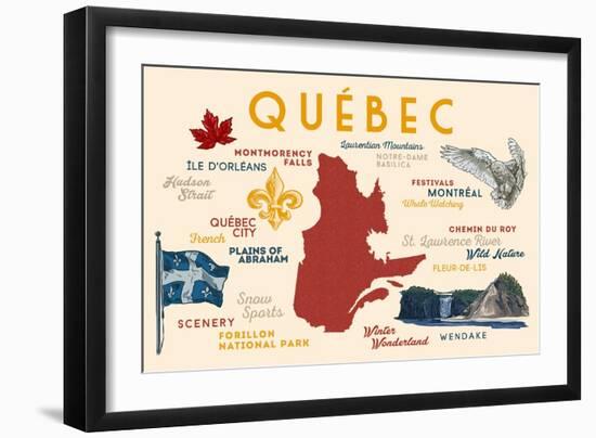 Quebec, Canada - Typography and Icons-Lantern Press-Framed Art Print