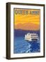 Queen Anne, Washington - Ferry and Mountains-Lantern Press-Framed Art Print