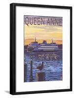 Queen Anne, Washington - Ferry and Sunset-Lantern Press-Framed Art Print