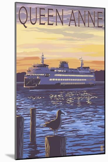 Queen Anne, Washington - Ferry and Sunset-Lantern Press-Mounted Art Print