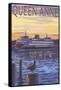 Queen Anne, Washington - Ferry and Sunset-Lantern Press-Framed Stretched Canvas