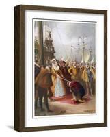 Queen Elizabeth I Knights Francis Drake on His Ship "Golden Hind" after His Round the World Voyage-W.s. Bagdatopulos-Framed Art Print