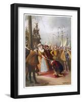 Queen Elizabeth I Knights Francis Drake on His Ship "Golden Hind" after His Round the World Voyage-W.s. Bagdatopulos-Framed Art Print