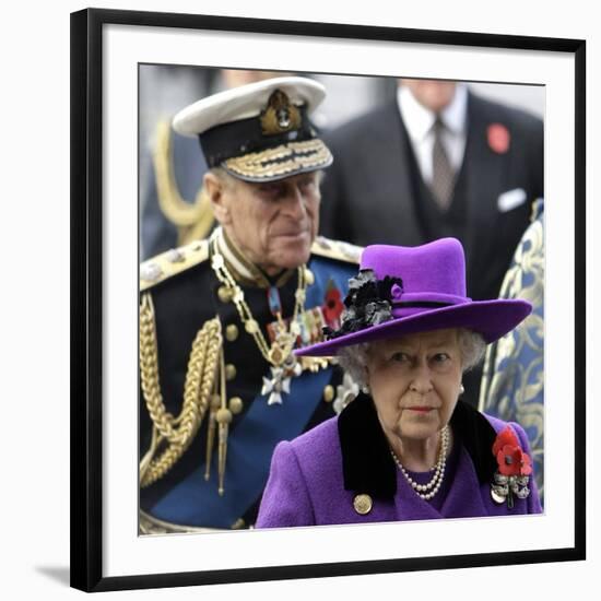 Queen Elizabeth II and Prince Philip Arrive for Remembrance Day Service, Westminster Abbey, London-null-Framed Photographic Print