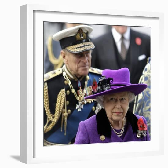 Queen Elizabeth II and Prince Philip Arrive for Remembrance Day Service, Westminster Abbey, London-null-Framed Photographic Print