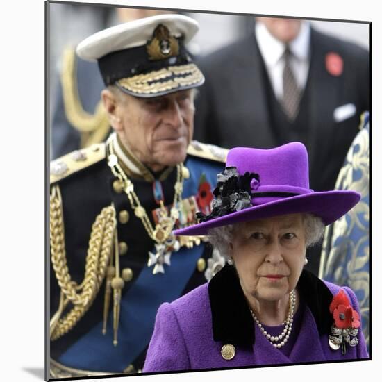 Queen Elizabeth II and Prince Philip Arrive for Remembrance Day Service, Westminster Abbey, London-null-Mounted Photographic Print