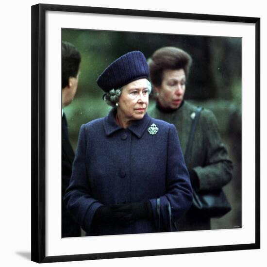 Queen Elizabeth II Greets Local Residents and Lays a Wreath of Flowers along the Road-null-Framed Photographic Print